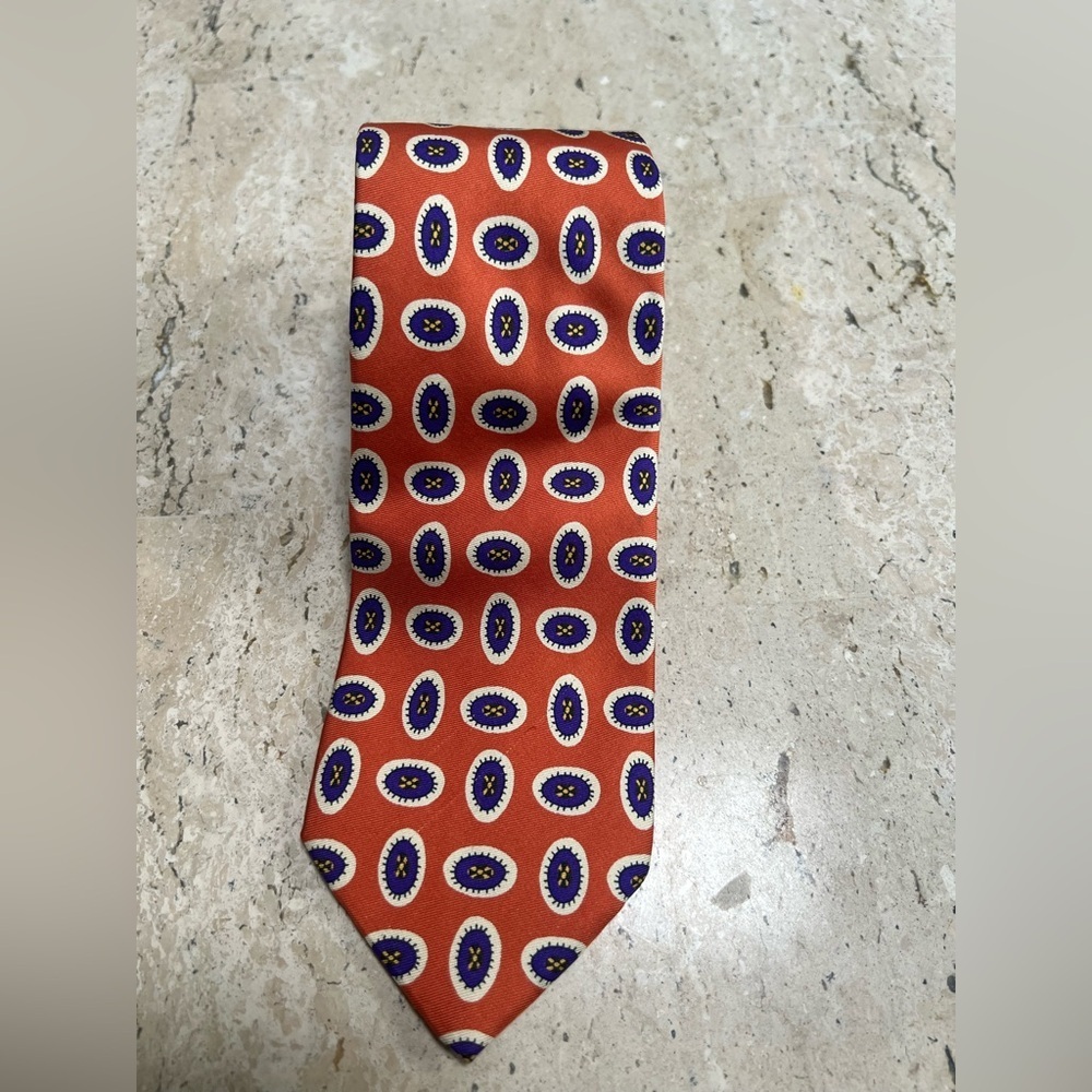 Land’s End Vintage 100% Silk Necktie- Poker Chip Pattern- Orange, Purple, Cream